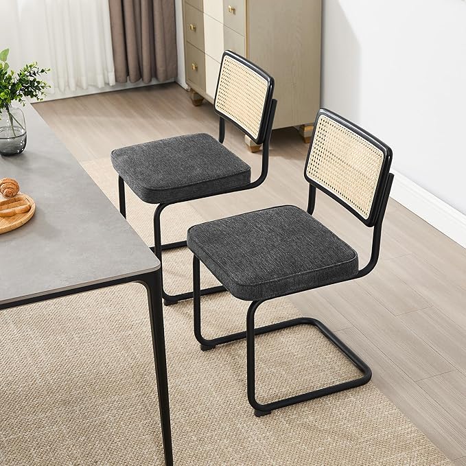 Zesthouse Natural Rattan Dining Chairs Set of 4, Mid Century Modern Dining Chairs with Solid Wood Back & Black Matte Base for Kitchen, Breuer Design Inspired, Upholstered Linen Fabric, Dark Grey
