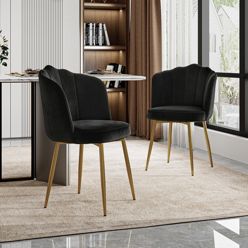VECELO Velvet Dining Chairs Set of 6, Modern Upholstered Kitchen Chairs with Thick Cushions, Curved Padded Backrest and Metal Legs, for Kitchen, Dining Room, Living Room, Black