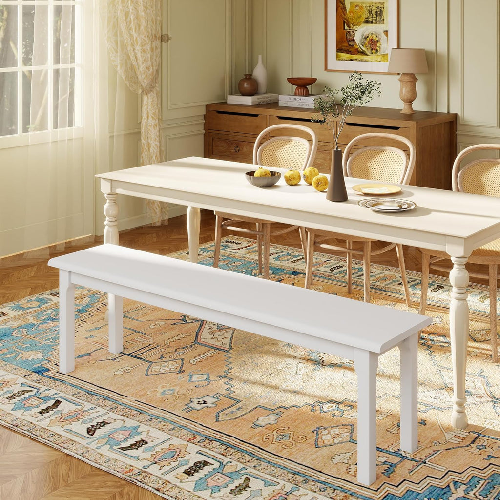 Dining Bench 63" Wood Solid Oak Wooden Bed End/Entryway Bench for Bedroom Living Room Kitchen(White)