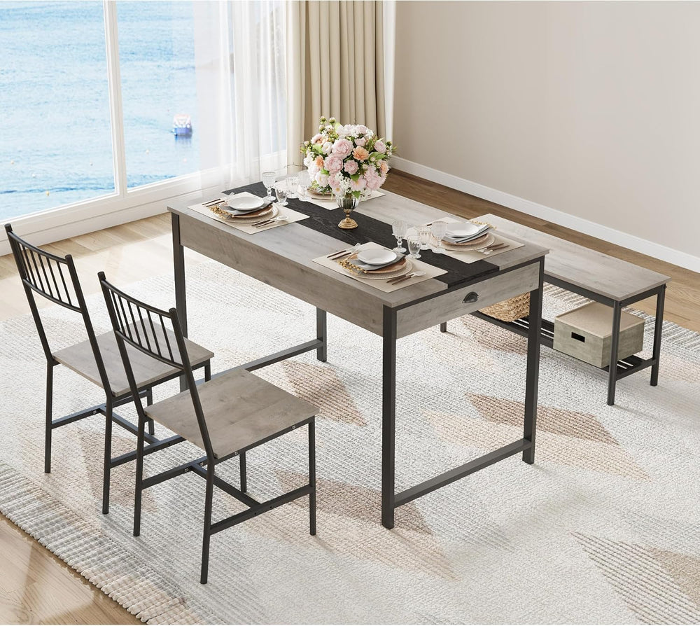 GarveeHome Dining Table Set for 4,Kitchen Table with Bench & 2 Chairs, Grey