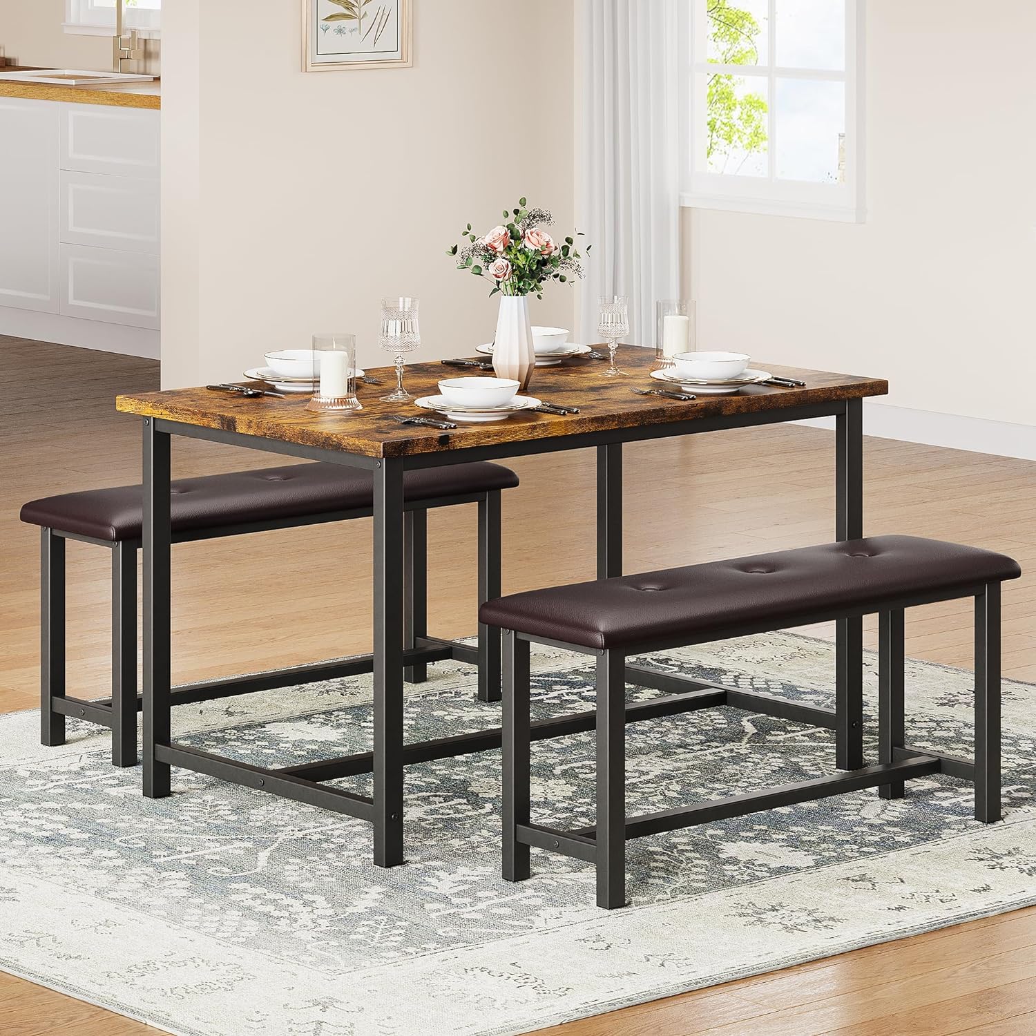 IDEALHOUSE Dining Table Set for 4, Kitchen Table with Upholstered Bench, Rectangular Dining Room Table Set with 2 Benches, 3 Piece Kitchen Table Set for Small Space, Apartment, Studio, Rustic Brown