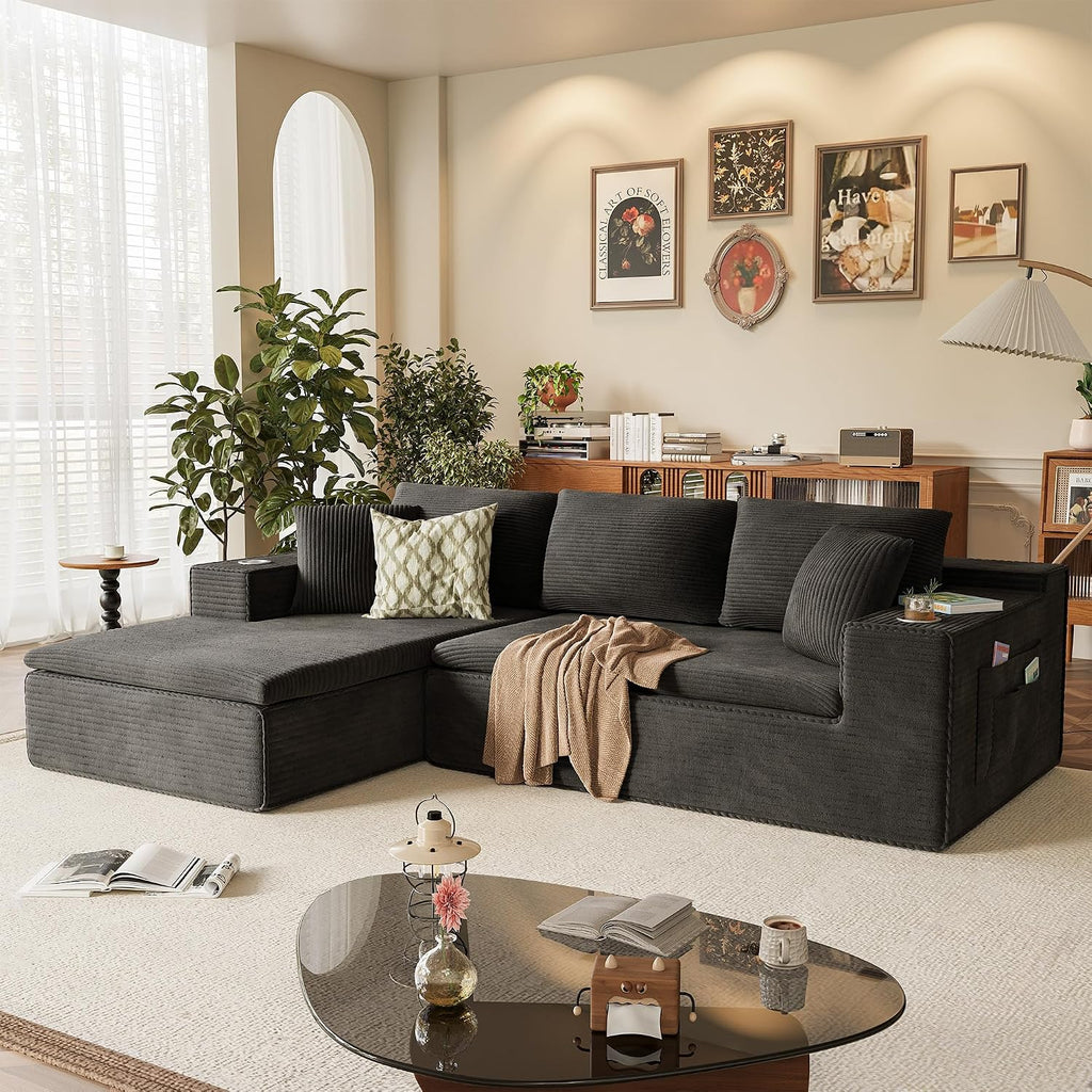 Homall 109" Boneless Couch with Memory Foam, Modular Sectional Sofa with L-Shape Chaise, Cloud Couch with Deep Seat, Dual Cup Holders & Side Pockets, No Assembly Required (Black)