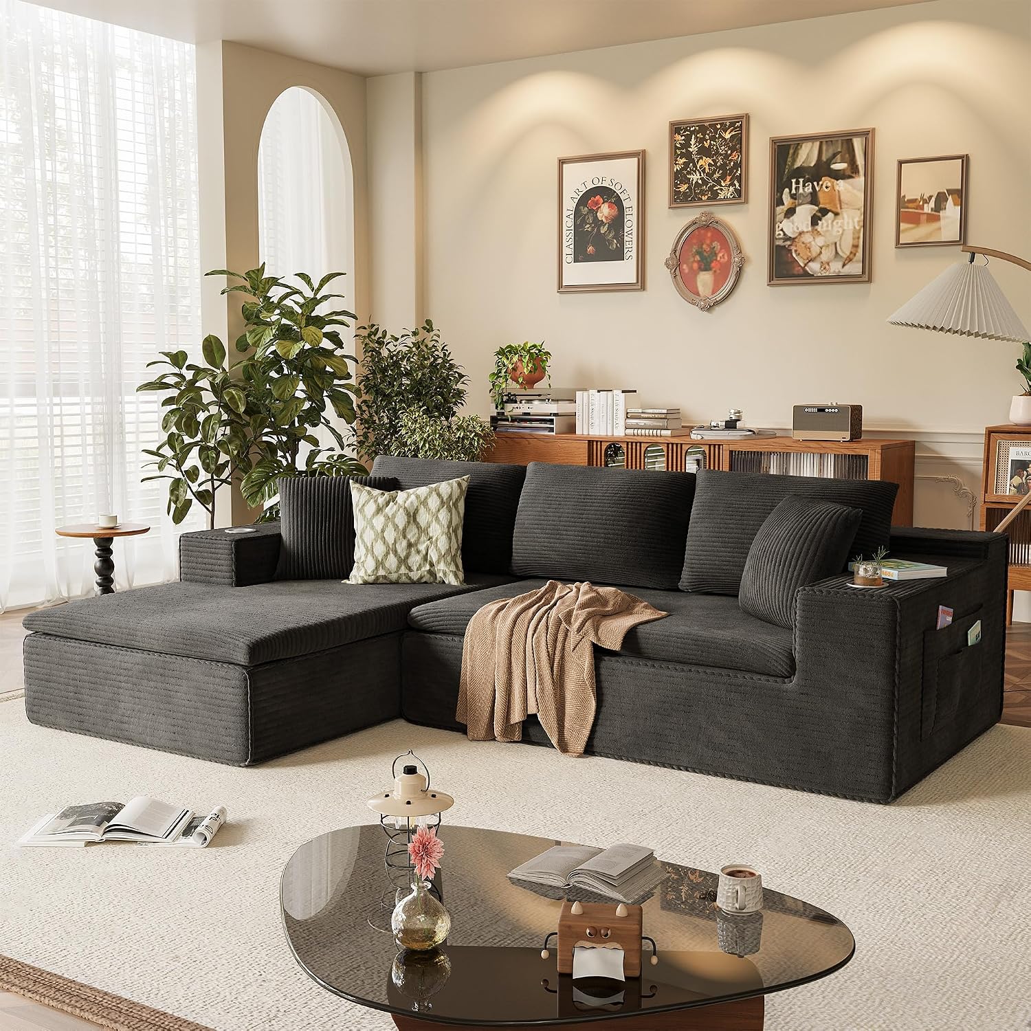 Homall 109" Boneless Couch with Memory Foam, Modular Sectional Sofa with L-Shape Chaise, Cloud Couch with Deep Seat, Dual Cup Holders & Side Pockets, No Assembly Required (Black)