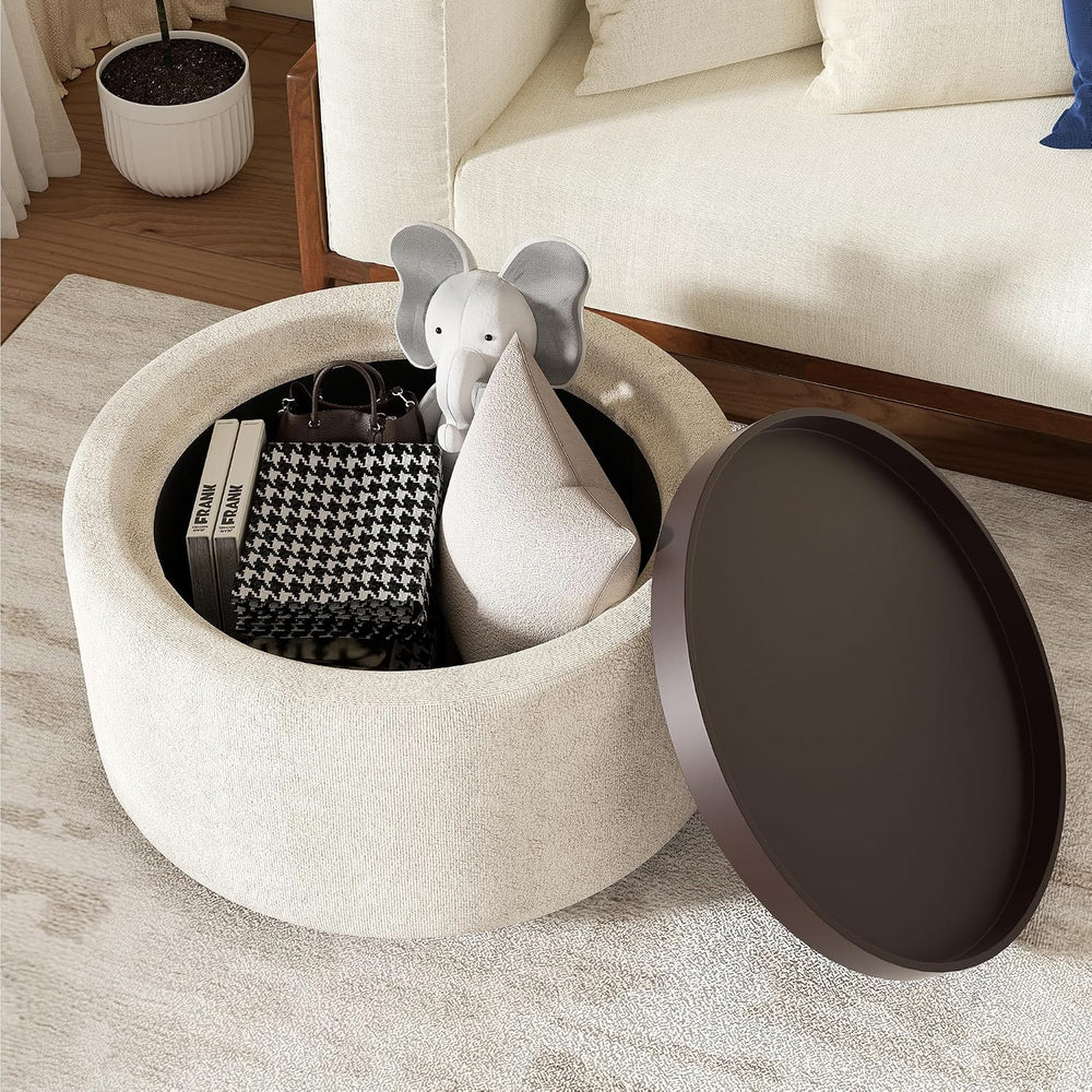 30" Round Ottoman with Storage Circular Coffee Table with Removable Wood...