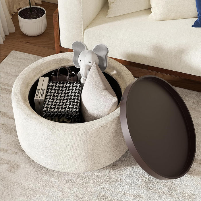 30" Round Ottoman with Storage Circular Coffee Table with Removable Wood Top and Solid Wood Legs Modern Upholstered Ottoman for Living Room Bedroom Apartments White