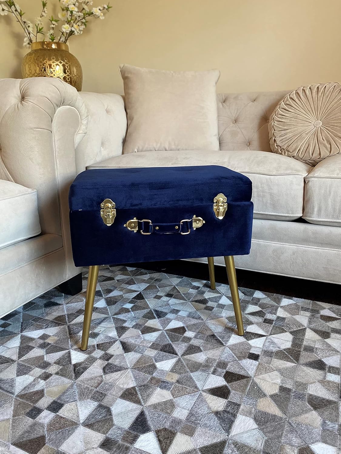 Noori Home - Lux Collection Modern Dove Rectangle Navy Velvet Storage Stool - 20x13.5x19 - Livingroom,Bedroom, Kid's Room, Nursery
