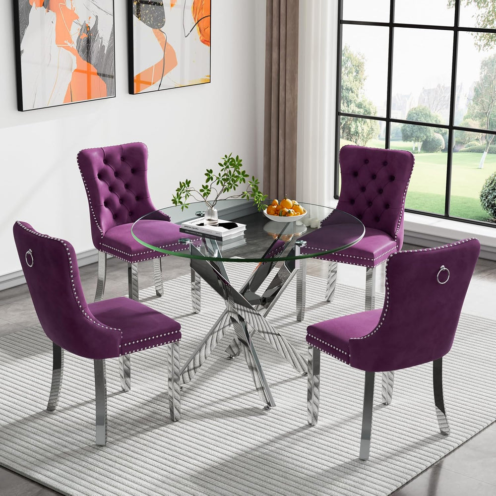 36" Modern Silver Glass Dining Room Table Set for 4, 5-Piece Round Kitch...