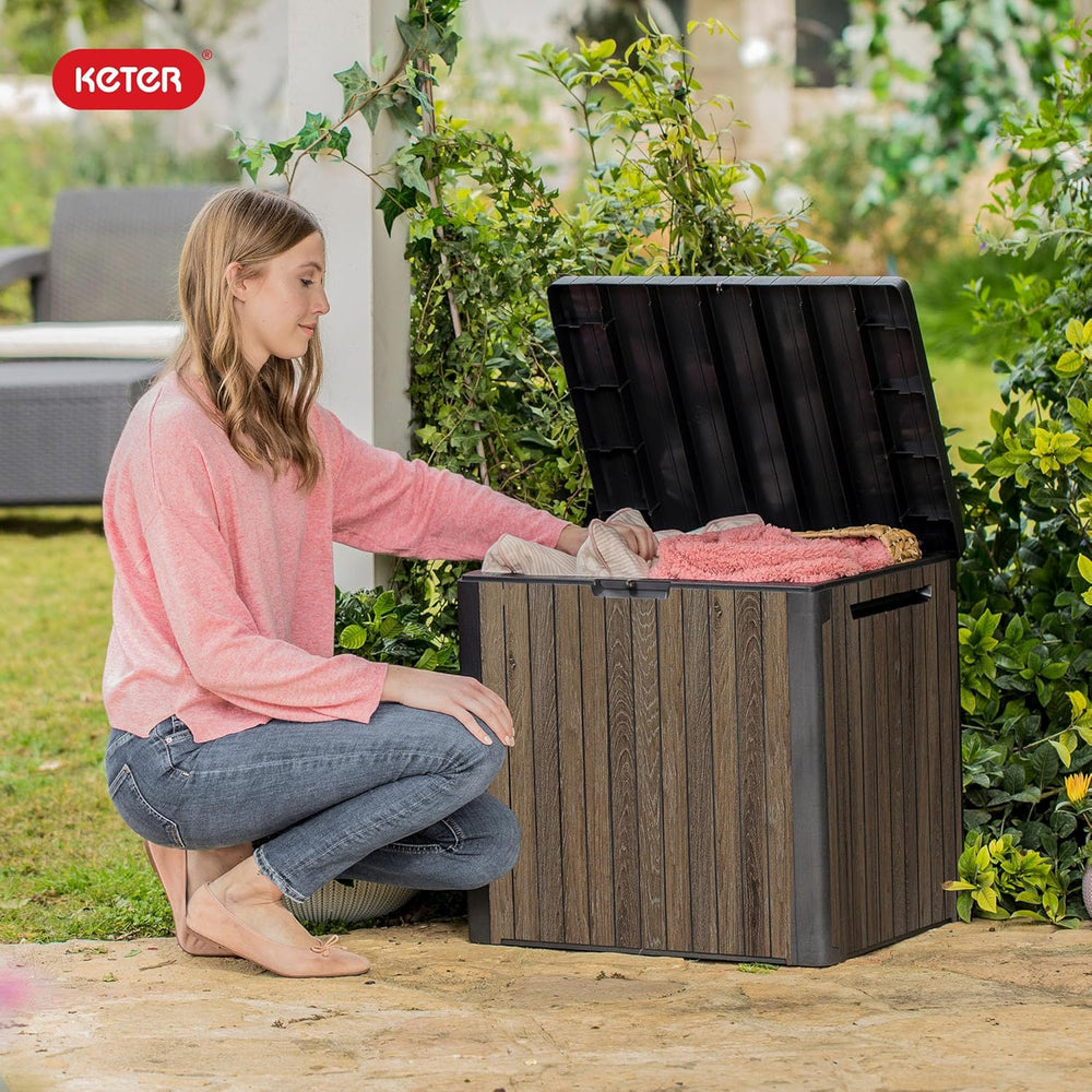 Keter Premium Everwood 30 Gal Outdoor Storage Box and Patio Side Table