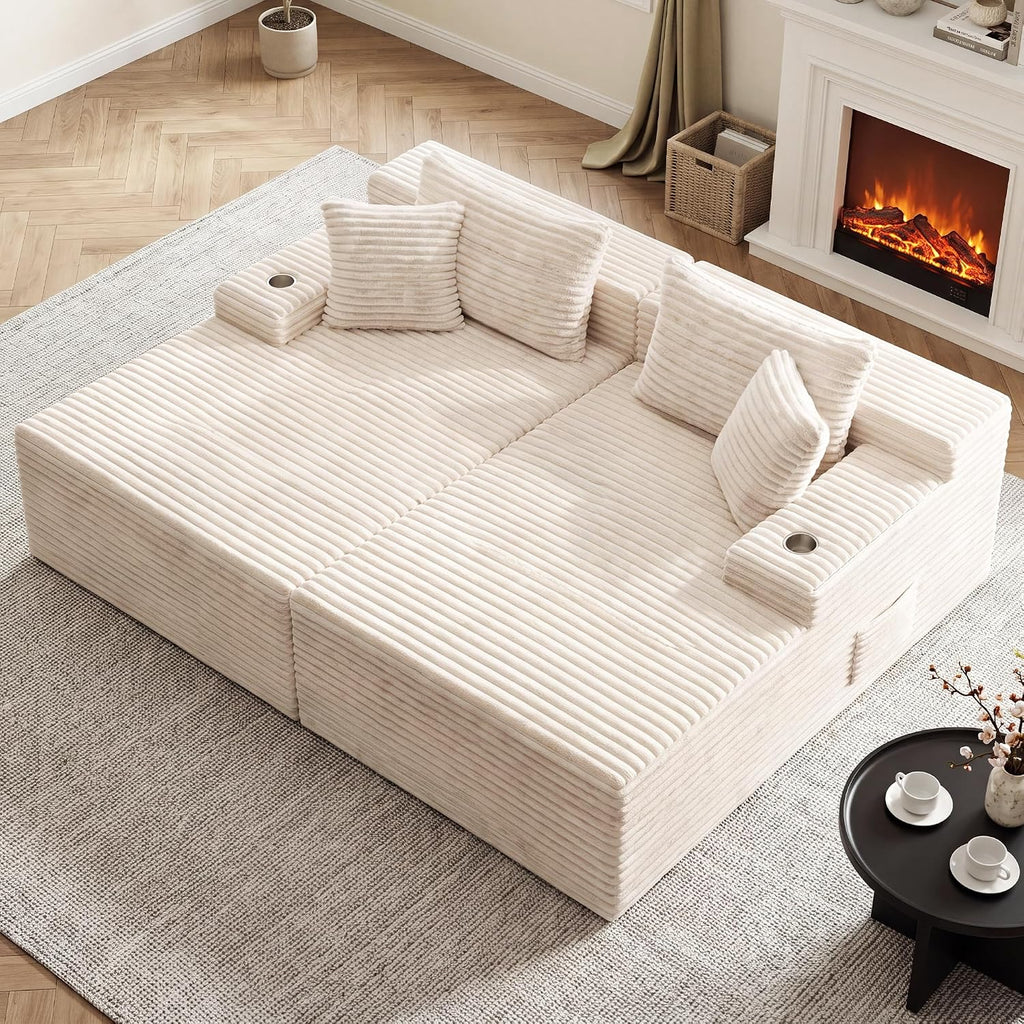 85 Inch Double Chaise Lounge Chair Indoor, Oversized Corduroy Upholstered Boneless Sofa Bed, Deep Seat Sleeper Couch Reading Chairs Cloud Sofas for Living Room, No Assembly Required, Beige