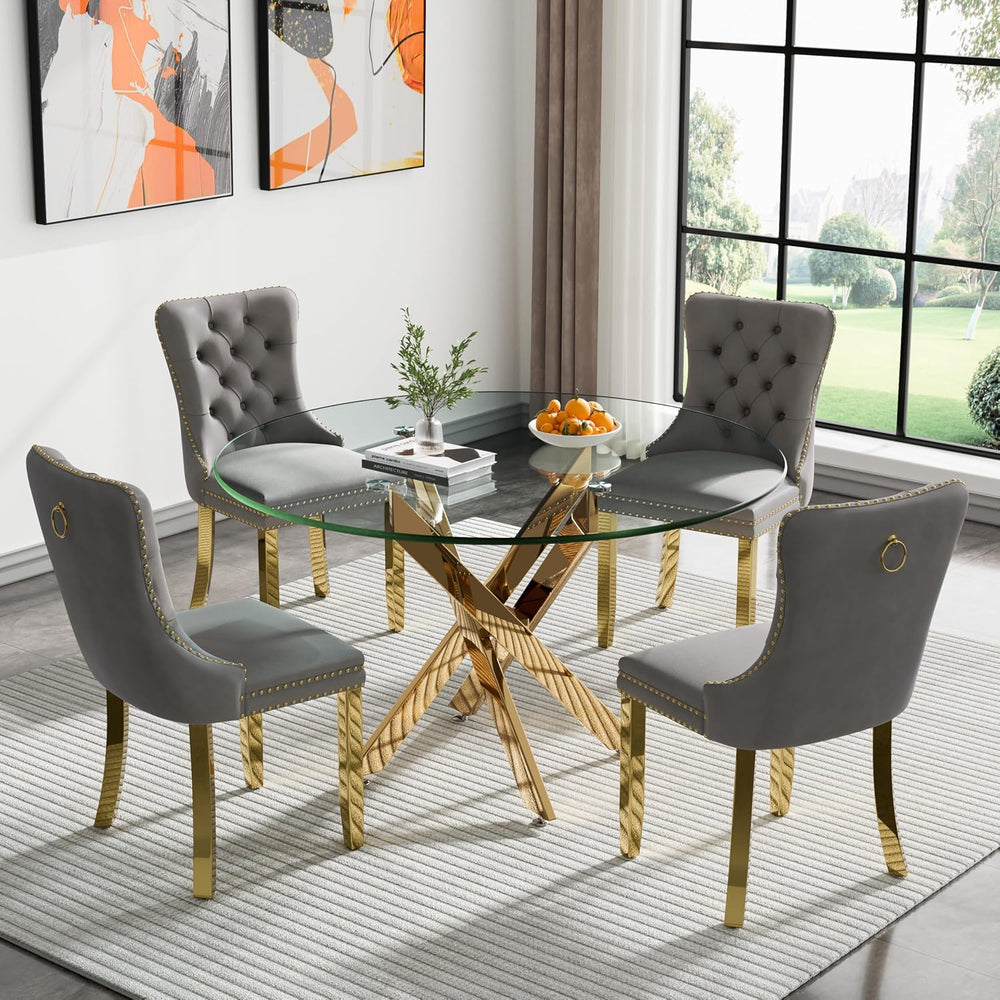 Round Glass Dining Table Set for 4, Small Kitchen Table Set for 4, 47" C...