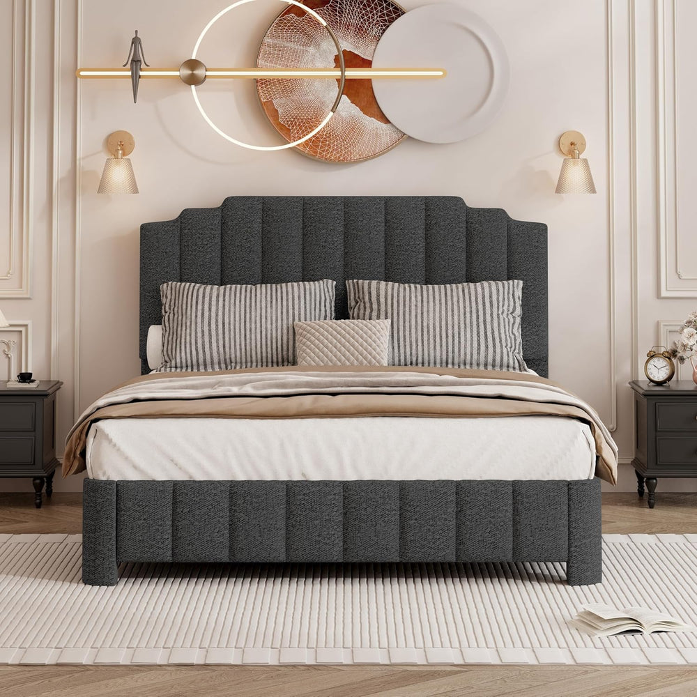 Queen Bed Frame with Adjustable Headboard, Boucle Queen Size Bed Frame