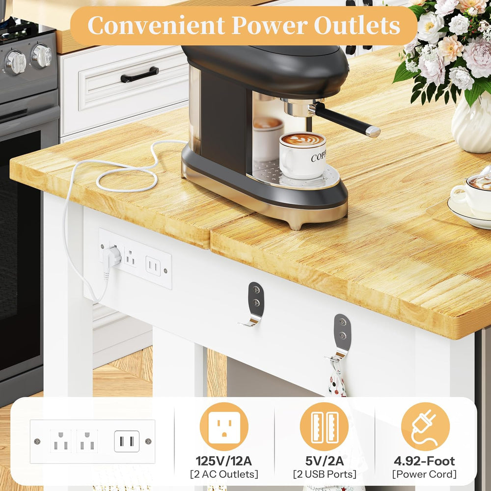 DynJest 60" Kitchen Island with Storage and Seating, Drawers, Hooks, Whi...