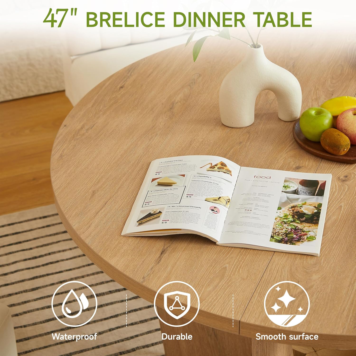 Round Dining Table Set with Loveseat & Chairs, 47 Inch Farmhouse 5-Piece Round Table Setting for 4 to 6, Wood Circle Table and Chairs Set for Kitchen,Breakfast Nook, Indoor Conversational Seating