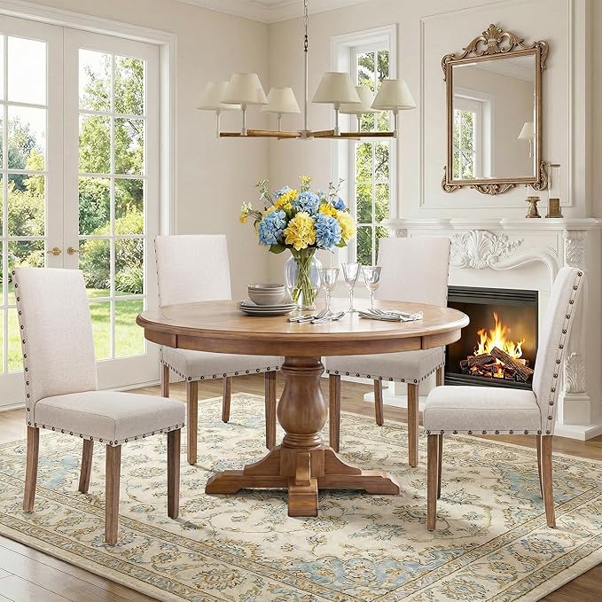 Upholstered Dining Chair Modern Stylish Parsons Kitchen Diner High Back with Bronze Nailhead Trim & Wood Legs, Set of 2, Beige