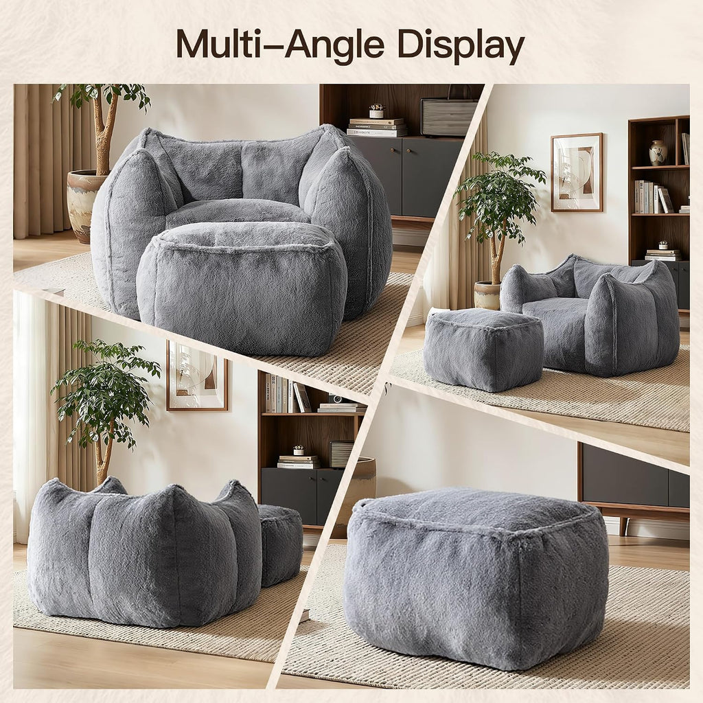 WELAX Giant Bean Bag Chair for Adults Teens – Fluffy Plush Large Bean Bag Sofa Chairs with Ottoman, Comfy Reading & Gaming Beanbag Couch for Bedroom Living Room, Dark Gray