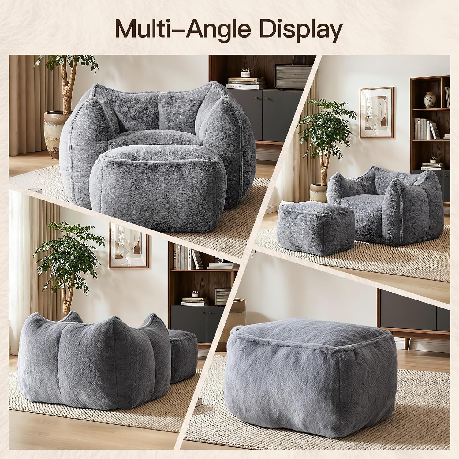 WELAX Giant Bean Bag Chair for Adults Teens – Fluffy Plush Large Bean Bag Sofa Chairs with Ottoman, Comfy Reading & Gaming Beanbag Couch for Bedroom Living Room, Dark Gray