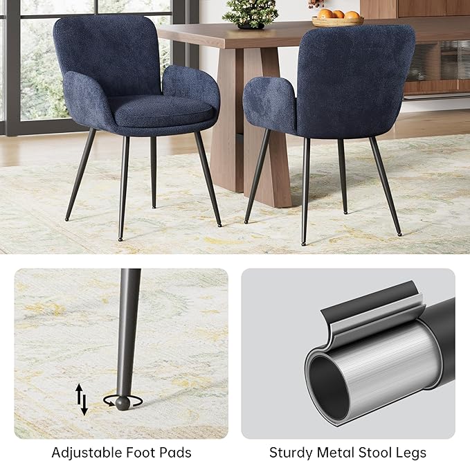 VKNOW Modern Dining Chairs Set of 2, Upholstered Dining Room Chair with Armrest, Kitchen Chairs with Curved Ergonomics Backrest for Living Room, Dining Room, Kitchen, Navy Blue