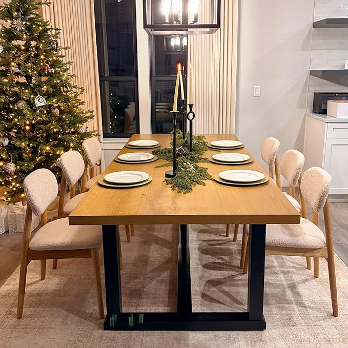 Wooden Dining Chairs Set of 4, Farmhouse Boucle Upholstered Kitchen Chairs, White