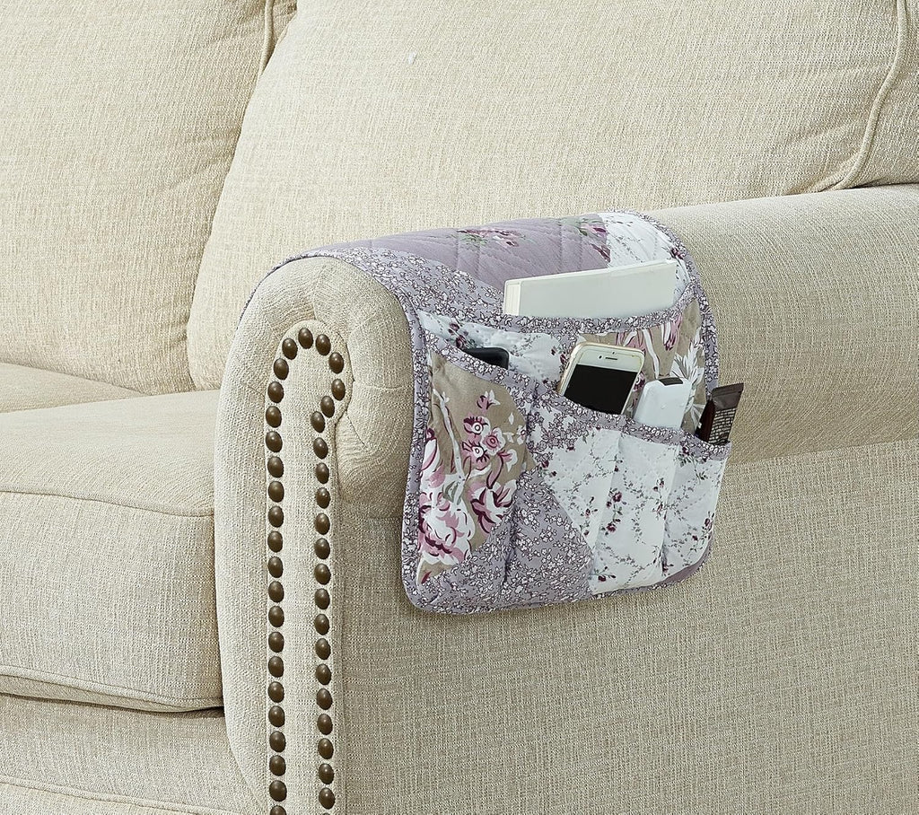 Brilliant Sunshine Lilac Rose Patchwork Couch Armrest 5 Pockets Organizer, Slip Resistant Recliner Armchair Caddy, Washable Remote Controls Holder, Storage for Magazine, Tablet, Phone, iPad, Lilac