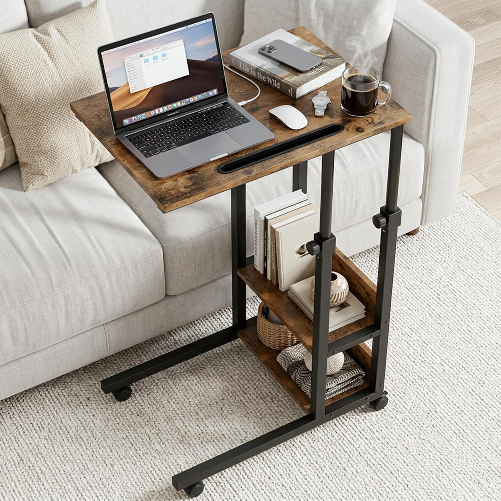Gyfimoie C-Shaped End Table with Wheels, Side Table Adjustable Height, TV Tra...