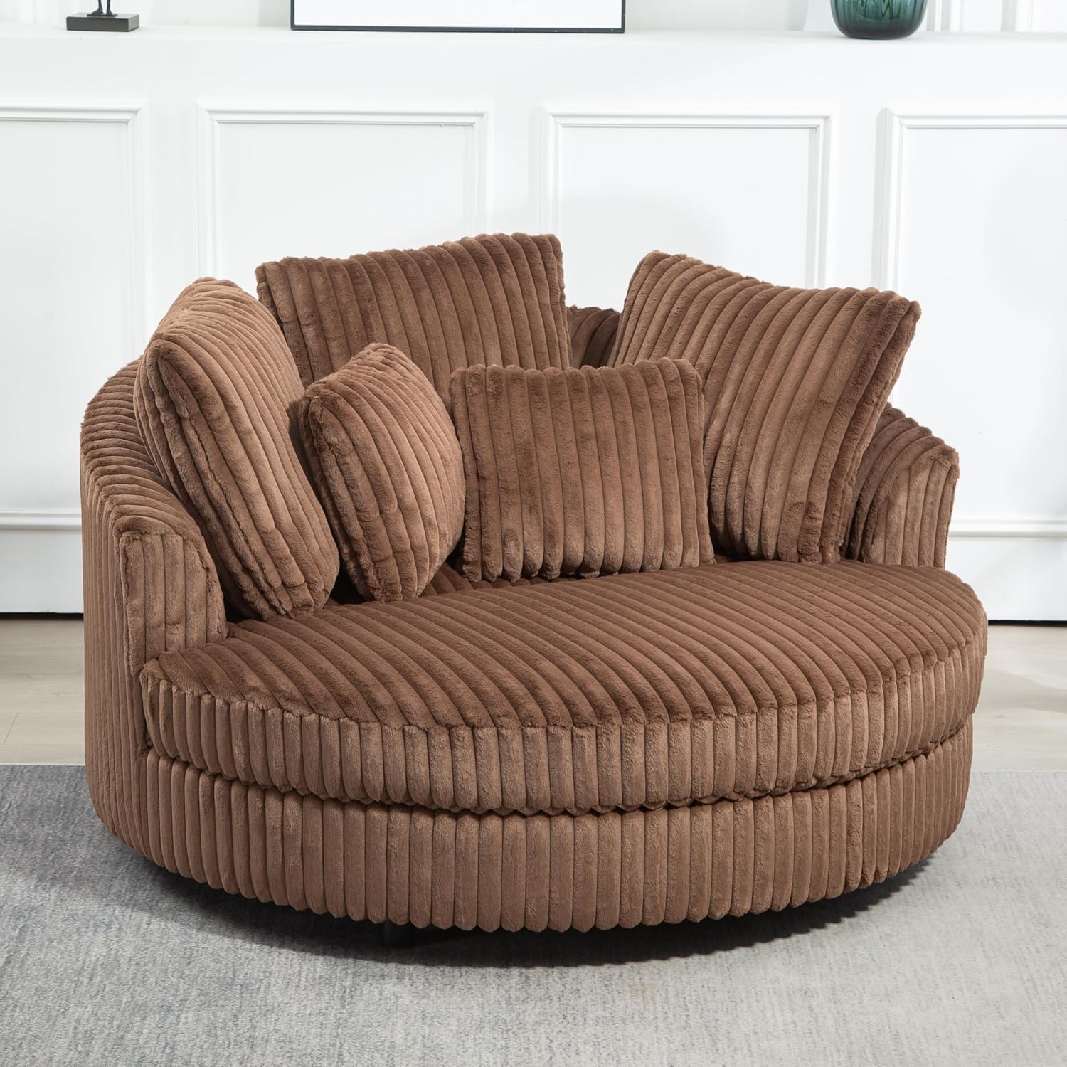 Aoiy & Wifon 59.8" W Oversized Barrel Chair, Round Accent Chair with Wheels, Extra Large Living Room Chair, Faux Fur, Brown