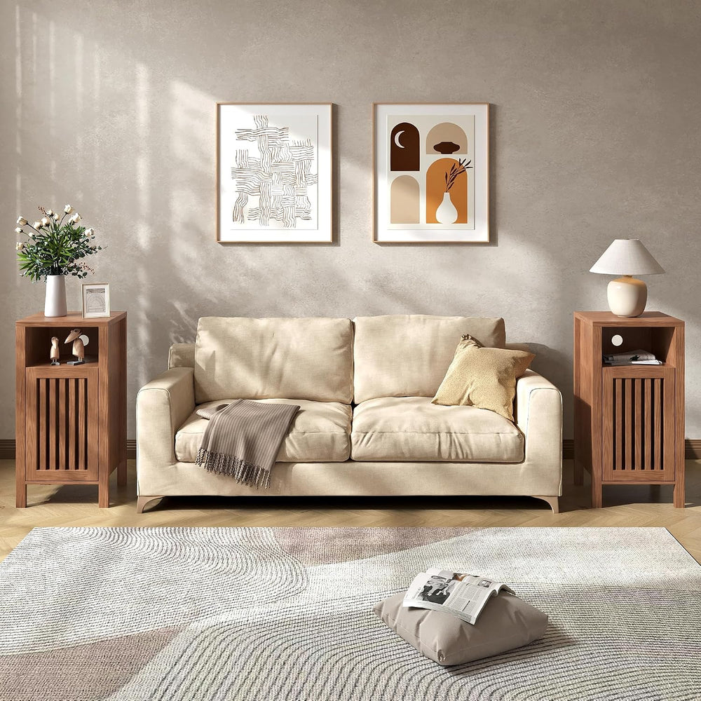 BVIUNTWO Set of 2 End Table, Farmhouse Sofa Table with Grille Door, Side Tabl...