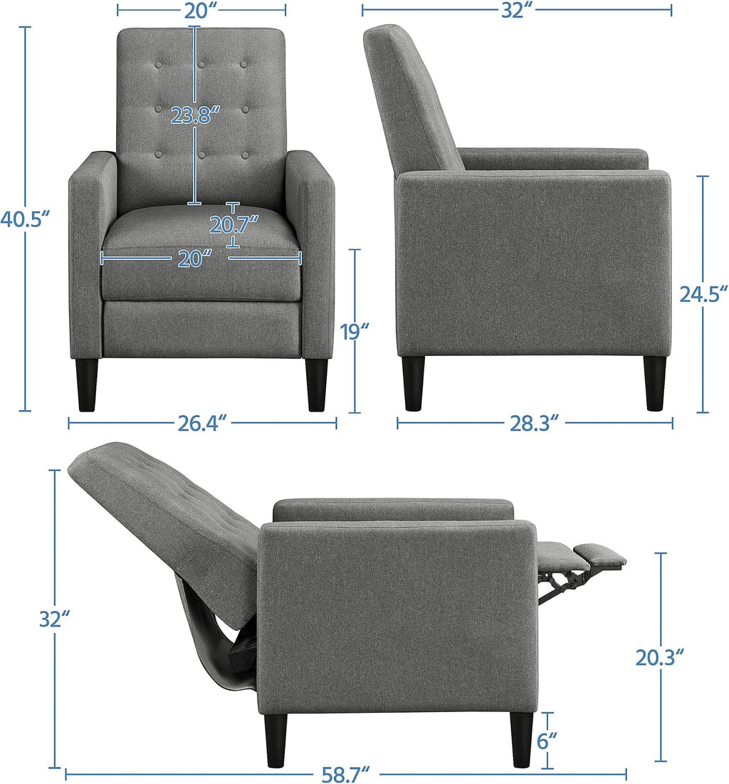 Yaheetech Fabric Recliner Chair with Adjustable Back & Footrest, Mid-Century Modern Accent Armchair Reading Chair, Tufted Upholstered Sofa with Pocket Spring for Living Room Bedroom Gray