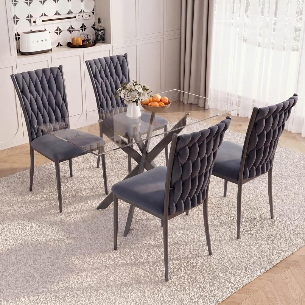 51'' Glass Dining Table Set for 4, Modern Rectangular Dining Room Table with Black Metal Legs & 4 Upholstered Velvet Dining Chairs, Space-Saving Kitchen Table Set for Small Spaces(Dark Grey)