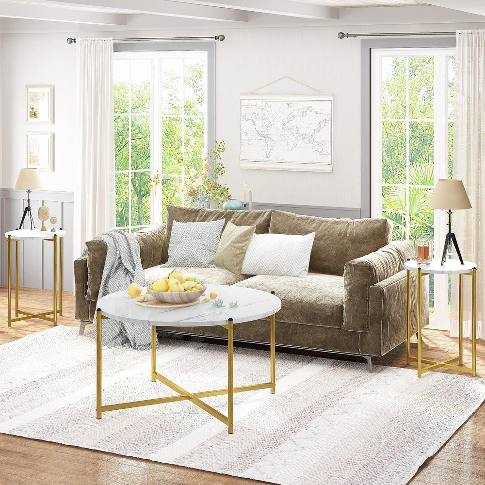 Lamerge Round Coffee Table Set of 3, Faux Marble Table Set with Living Room T...