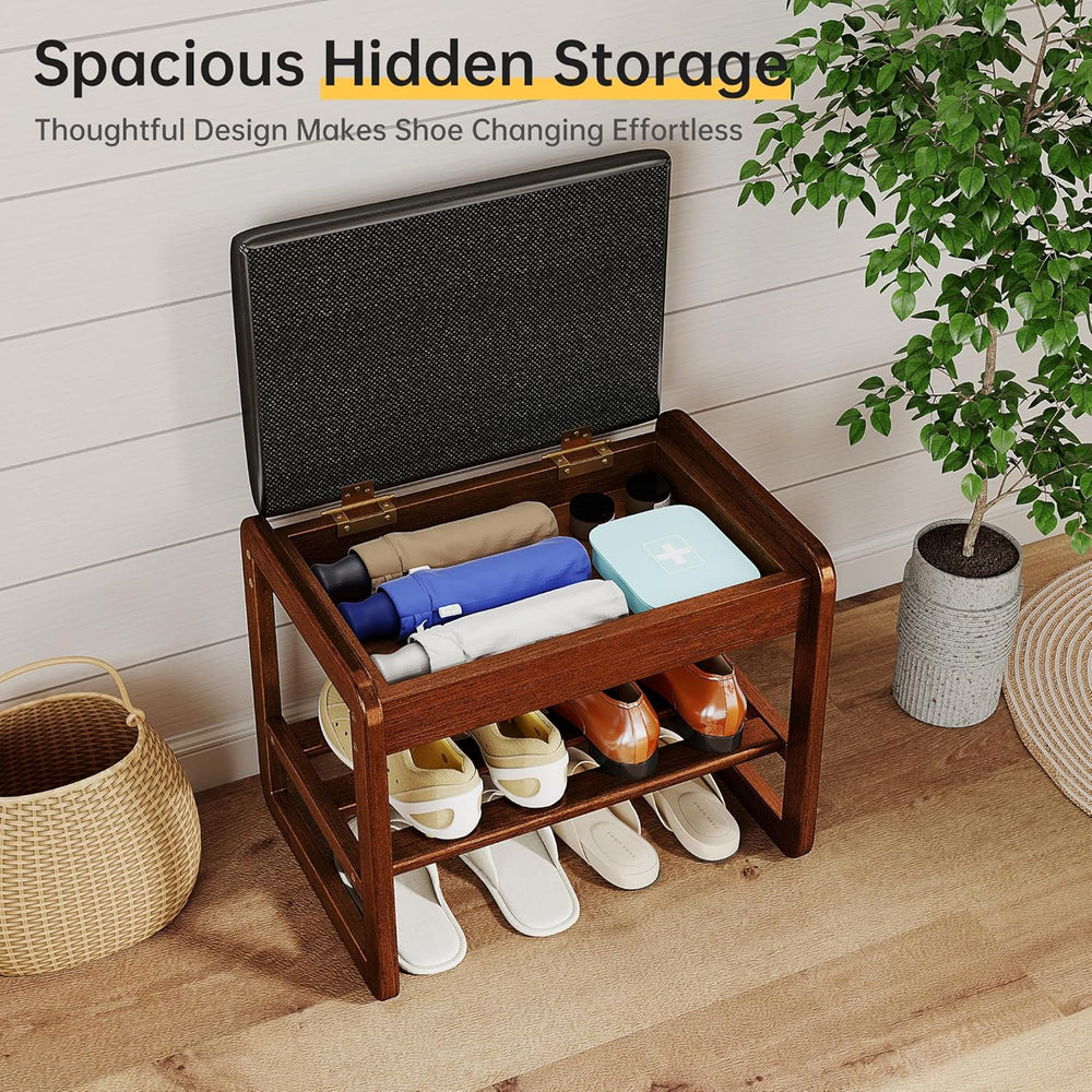 Shoe Rack Bench with Flip-Top Storage, Rubberwood 2-Tier Shoe Organizer with ...