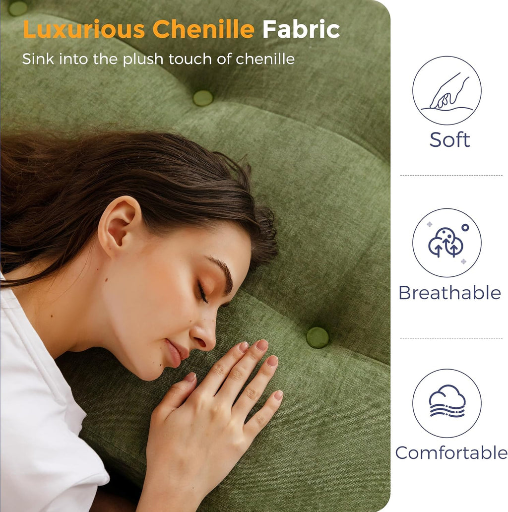 MAXYOYO 6" Folding Sofa Bed for Floor, Tufted Tri-Fold Floor Mattress | Twin Size Portable Sofa Couch Guest Mat with Chenille Fabric for Adults, Foldable Topper for Camping, Green, Twin