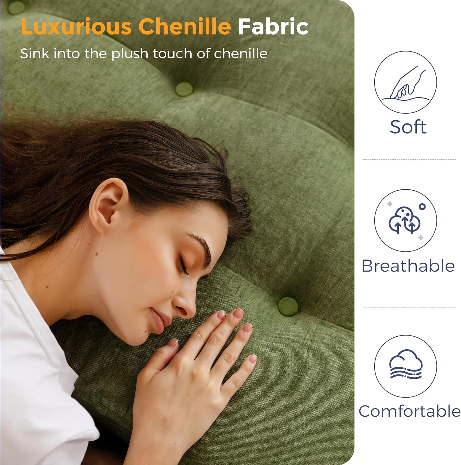 MAXYOYO 6" Folding Sofa Bed for Floor, Tufted Tri-Fold Floor Mattress | Twin Size Portable Sofa Couch Guest Mat with Chenille Fabric for Adults, Foldable Topper for Camping, Green, Twin