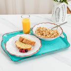 LEHAHA Large Farmhouse Melamine Serving Platters, Serving Tray with Handle for Food, Appetizer, Cupcakes, Dessert, Raised Edge Large Party Platter or TV Dinner Trays, 17.25x12 inch, Set of 2, Teal