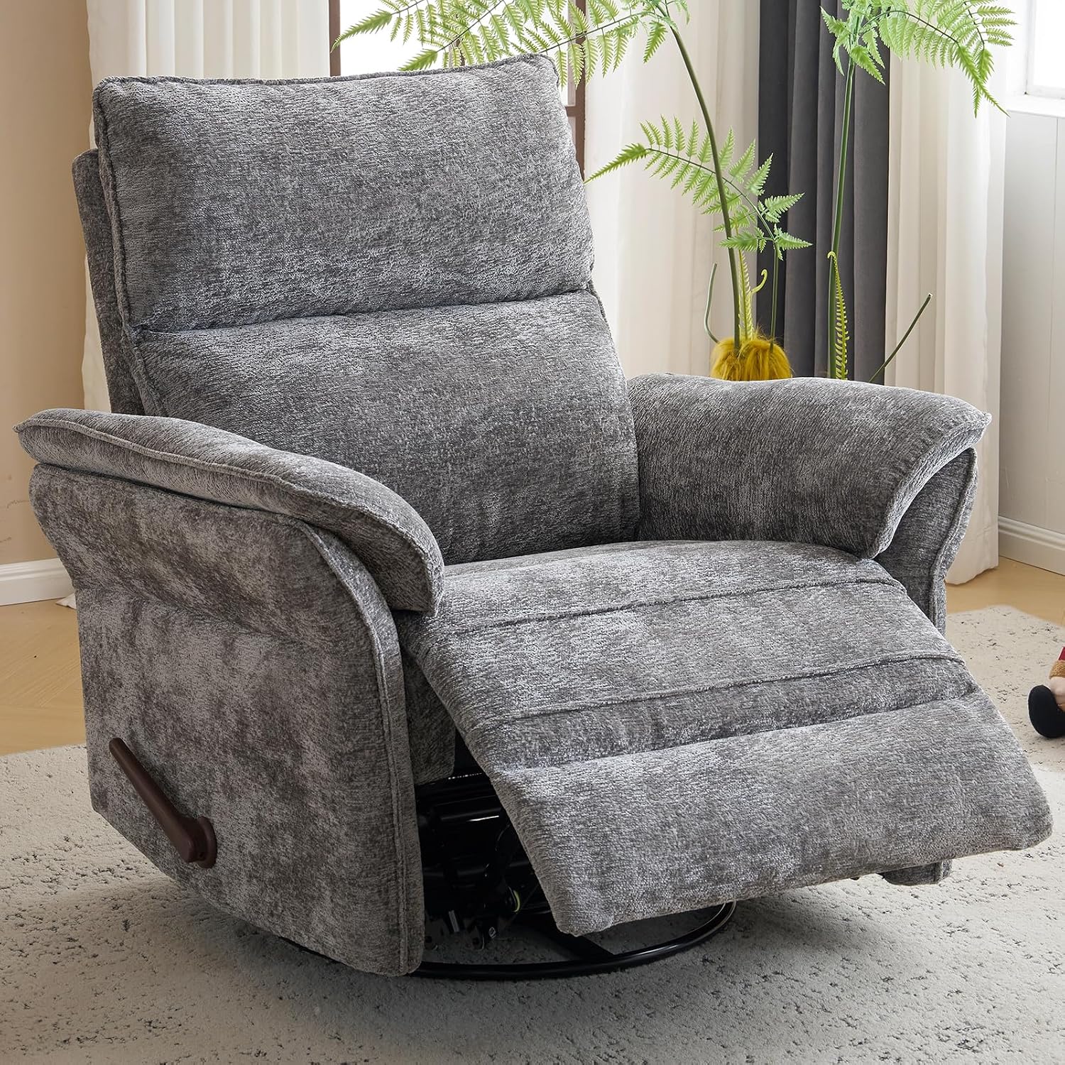 Oversized Glider Rocker Recliner, 24" Extra Wide 360° Swivel Nursery Recliner with Adjustable Headrest, Chenille Rocking Nursery Chair with Overstuffed Armrest, Lumbar Support, Dark Grey