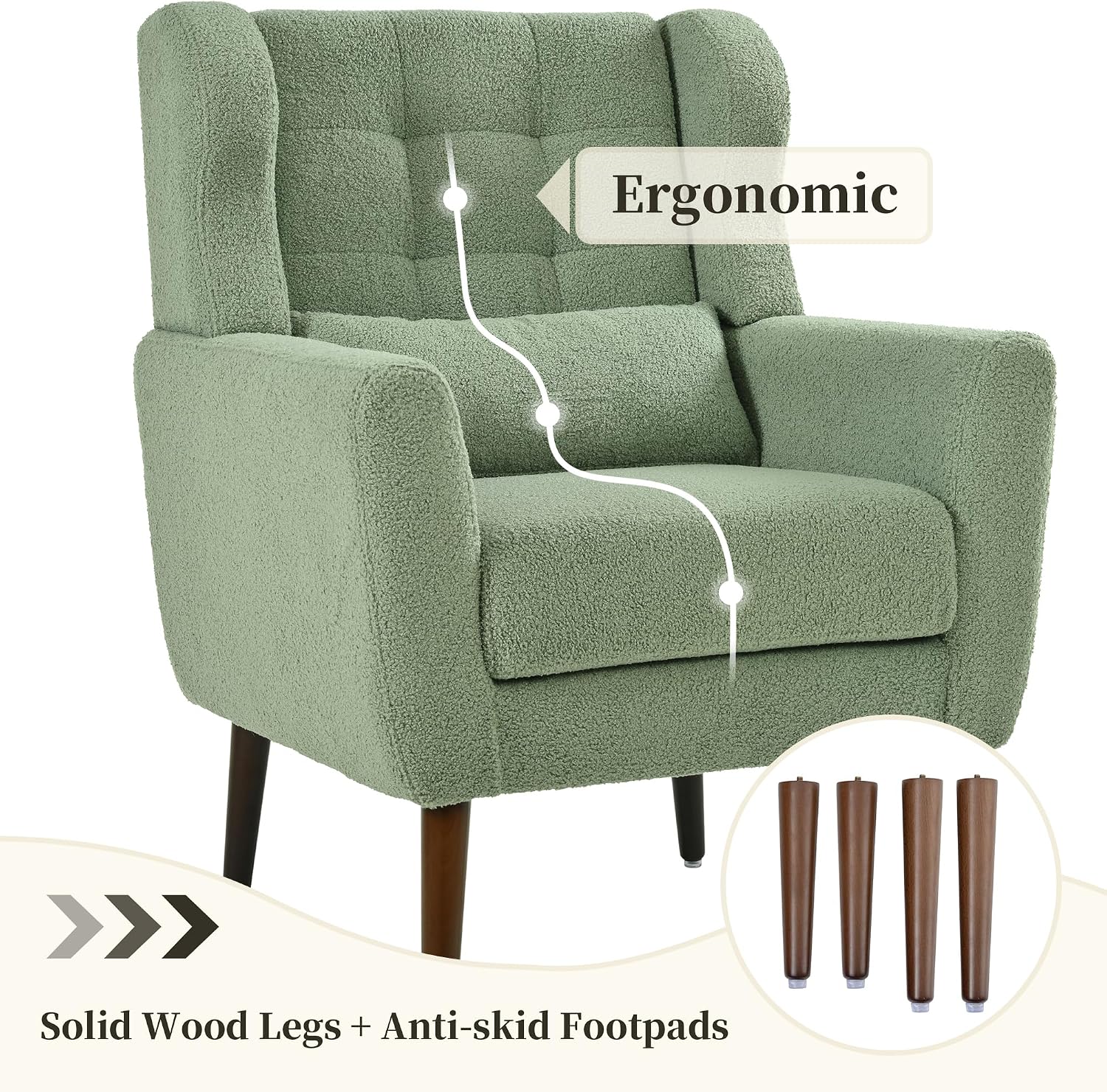 Dolonm Accent Chair for Living Room, Mid-Century Arm Chair, Comfy Upholstered Reading Armchair with Pillow Backrest for Bedroom, Mordern Lounge Chair Solid Wood Leg (Light Green)