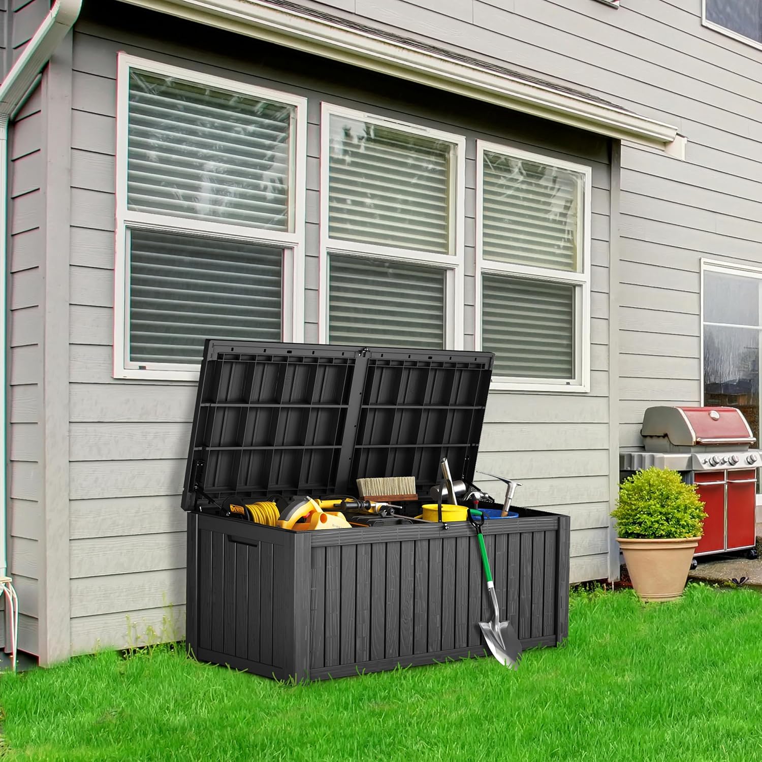 TARKARI 180 Gallon Lockable Resin Deck Box, Waterproof & UV-Resistant Outdoor Storage Box for Outdoor Cushion Storage, Garden Tools & Pool Accessories Storage, Black