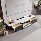 POVISON Fully-Assembled Modern TV Stand for Projector, Sintered Stone Entertainment Center with Storage for 75 inch TV, Wood TV Console, Media Console for Living Room Bedroom