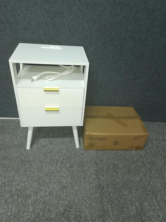White Nightstand with Charging Station and LED Lights,Modern Bedside Table wi...