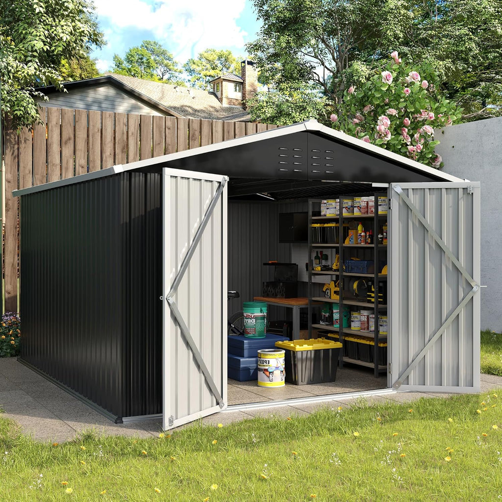 UDPATIO Outdoor Storage Shed 10x12 FT, Outdoor Storage Metal Galvanized Steel Yard, Patio, Lawn, Tool Shed with Lockable Door for Can, Bike, Lawnmower, Generator,Dark Grey