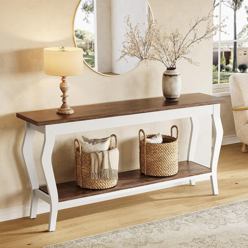 LITTLE TREE 70.9 Inches Long Console Table, 2-Tier Vintage Wooden Sofa Table ...