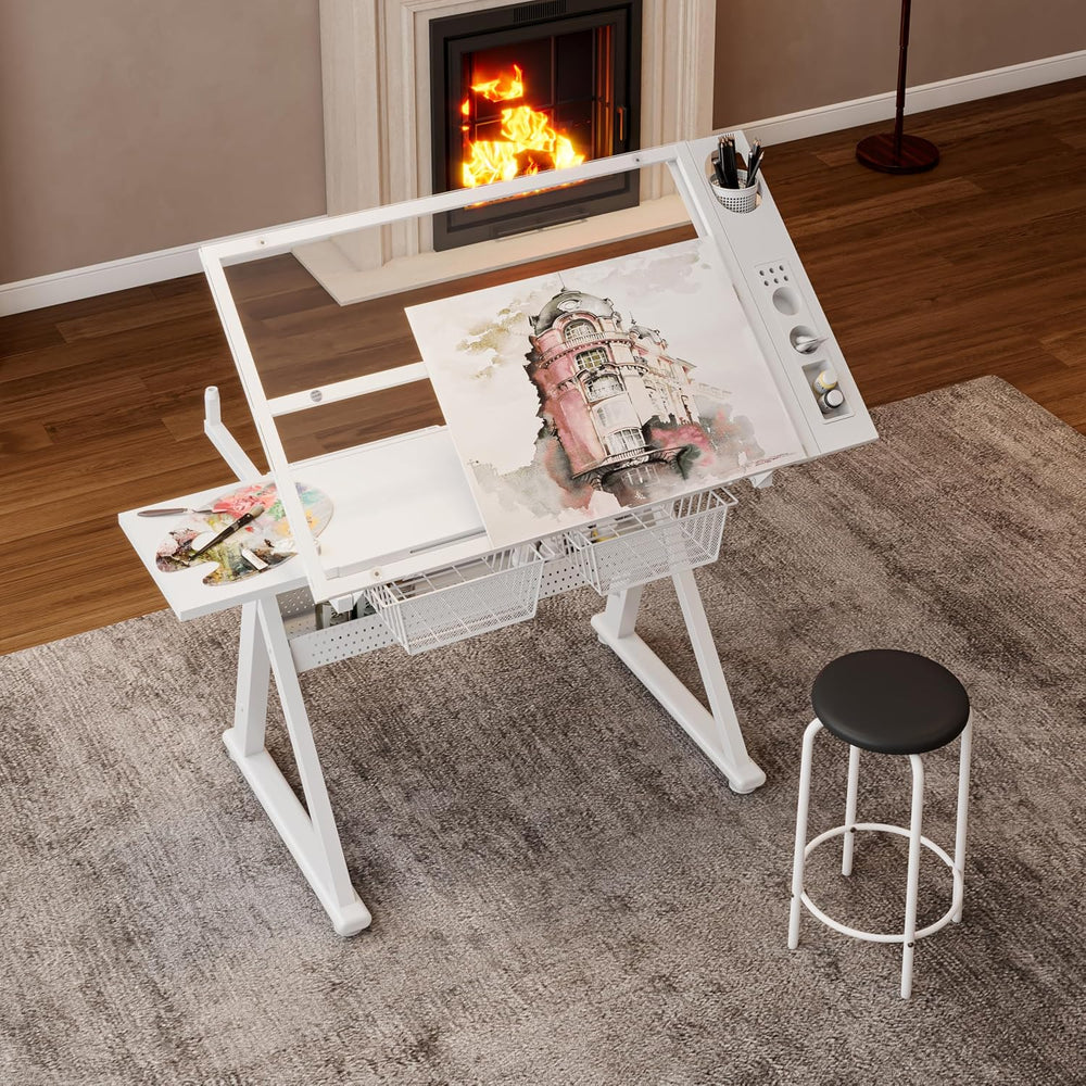Drafting Table Hand Crank Height Adjustable Drawing Table, 0-70° Tiltable Tem...