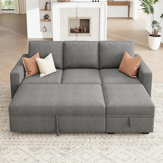 HONBAY Modular Sectional Sleeper Sofa with Pull Out Bed, L Shaped Sofa with Storage, Modular Sectional Couches for Living Room, Warm Grey