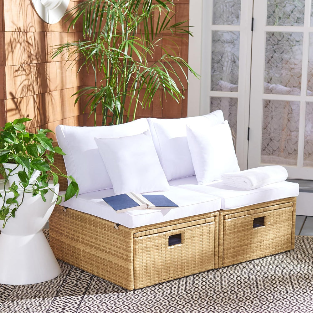 SAFAVIEH Outdoor - Pramla Settee and Ottoman Set - Natural & White - Stee...