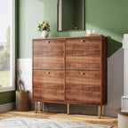 Shoe Storage Cabinet for Entryway, 4 Flip Drawers Shoe Cabinet, Mid-Century Modern Walnut Slim Shoe Storage Rack, Narrow Shoe Organizer, Wood Storage Cabinets with Adjustable Shelves