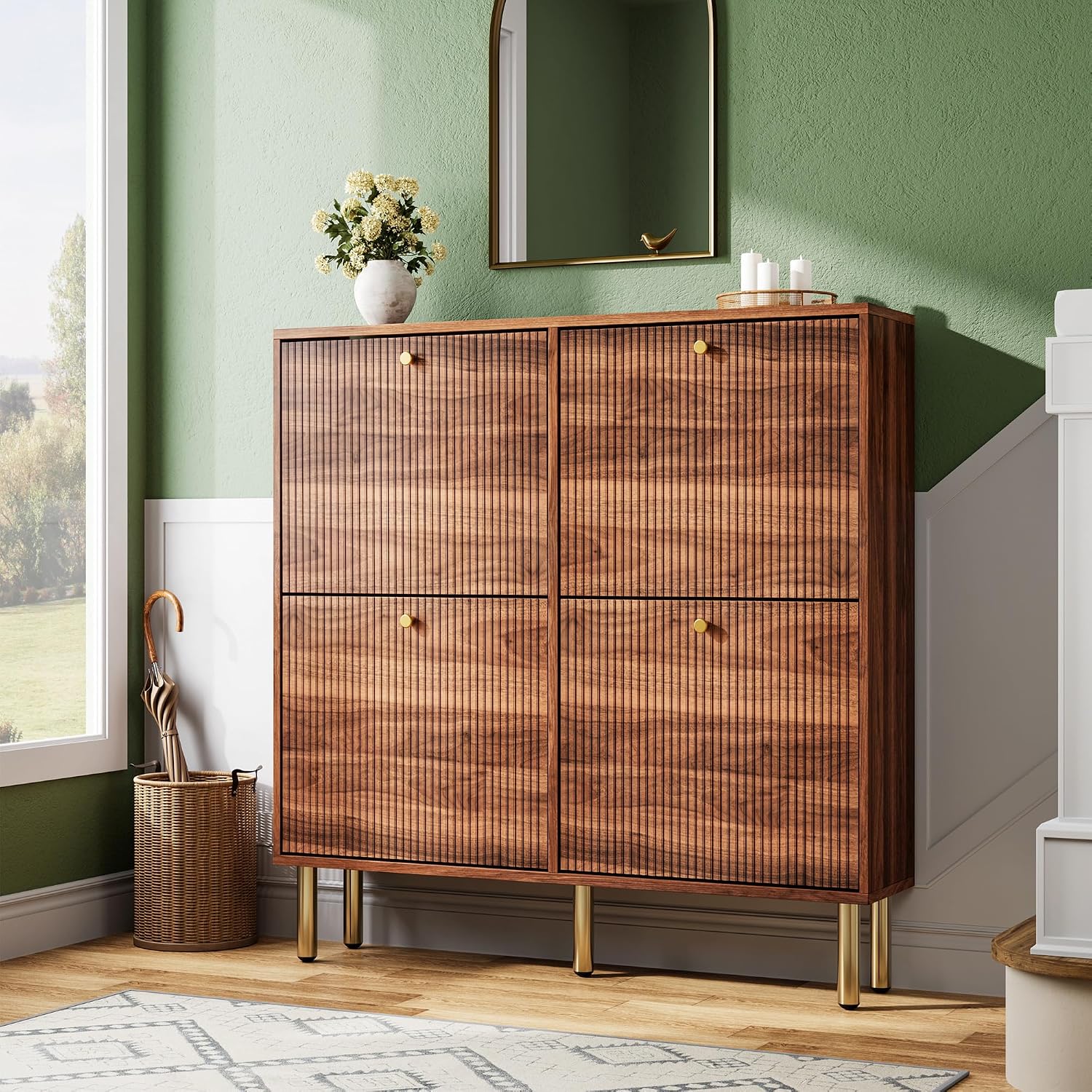 Shoe Storage Cabinet for Entryway, 4 Flip Drawers Shoe Cabinet, Mid-Century Modern Walnut Slim Shoe Storage Rack, Narrow Shoe Organizer, Wood Storage Cabinets with Adjustable Shelves