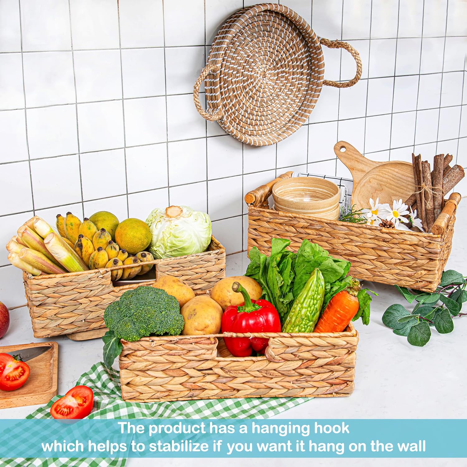 VATIMA Large Water Hyacinth Storage Baskets for Organizing with Wooden Handles for Shelves, 2 Bathroom Small Basket, Water Hyacinth Toilet Paper Baskets, Set of Natural Wicker Storage Basket for Home