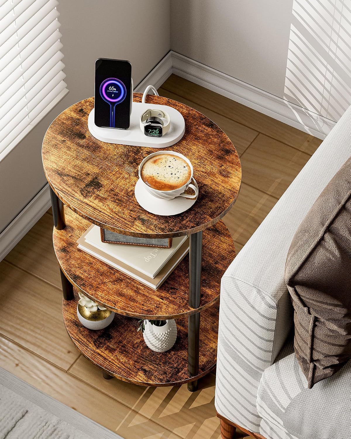 Small Round Side Table - 3-Tier Oval Accent Table for Small Spaces, Rustic Wood and Metal Nightstand for Living Room or Bedroom, with Built-in USB Ports and Power Outlet, Rustic Brown