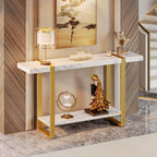 Huuger 47.2 Inch Entryway Table with Marble Top, 2-Tier Modern Console Sofa Table with Storage, Accent Table, for Entry, Hallway, Entrance, Foyer, T-Shaped Metal Frame, White Marble & Gold