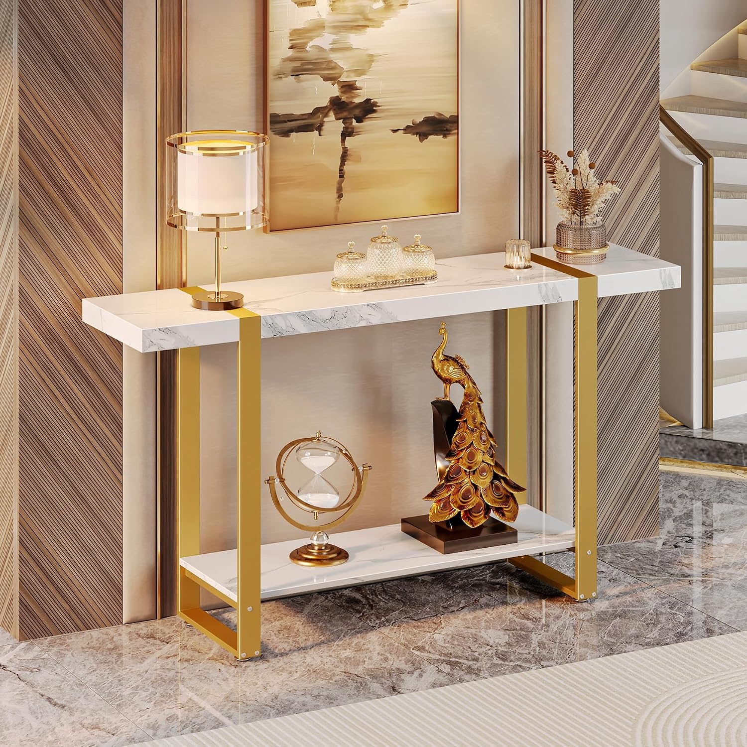 Huuger 47.2 Inch Entryway Table with Marble Top, 2-Tier Modern Console Sofa Table with Storage, Accent Table, for Entry, Hallway, Entrance, Foyer, T-Shaped Metal Frame, White Marble & Gold
