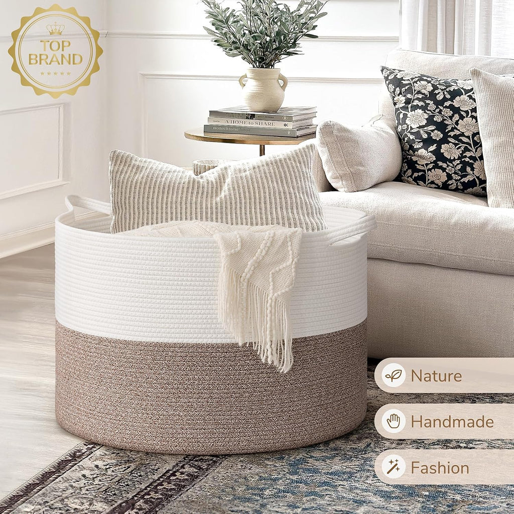 INDRESSME 115L Extra Large Woven Rope Blanket Basket Living Room, Brown | 23.6" x 15.7" Storage baskets for toys laundry & pillows. Fits living room, bedroom or nursery décor. Soft-touch with handles
